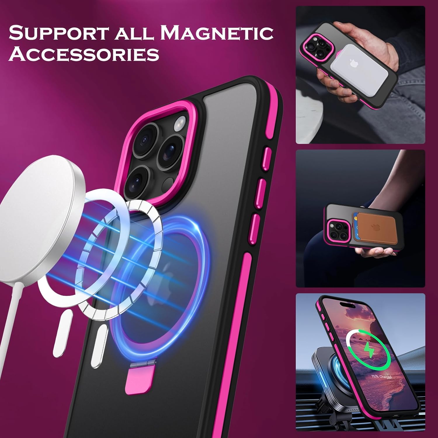YINLAI Case for iPhone 16 Pro Max, Magnetic [Compatible with Magsafe] with Ring Holder Kickstand Slim Translucent Matte Men Women Shockproof Protective Back Phone Cover 6.9 Inch, Hot Pink/Black - Image 6
