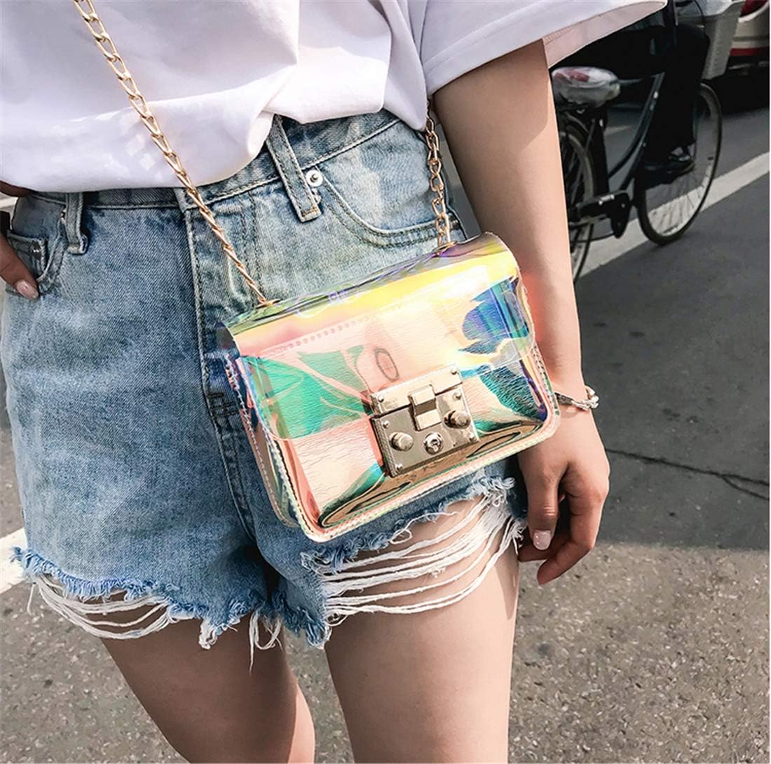 Holographic Clear Purse Crossover Shoulder Messenger Bag Laser Sling Purse with Golden Chain - Image 2