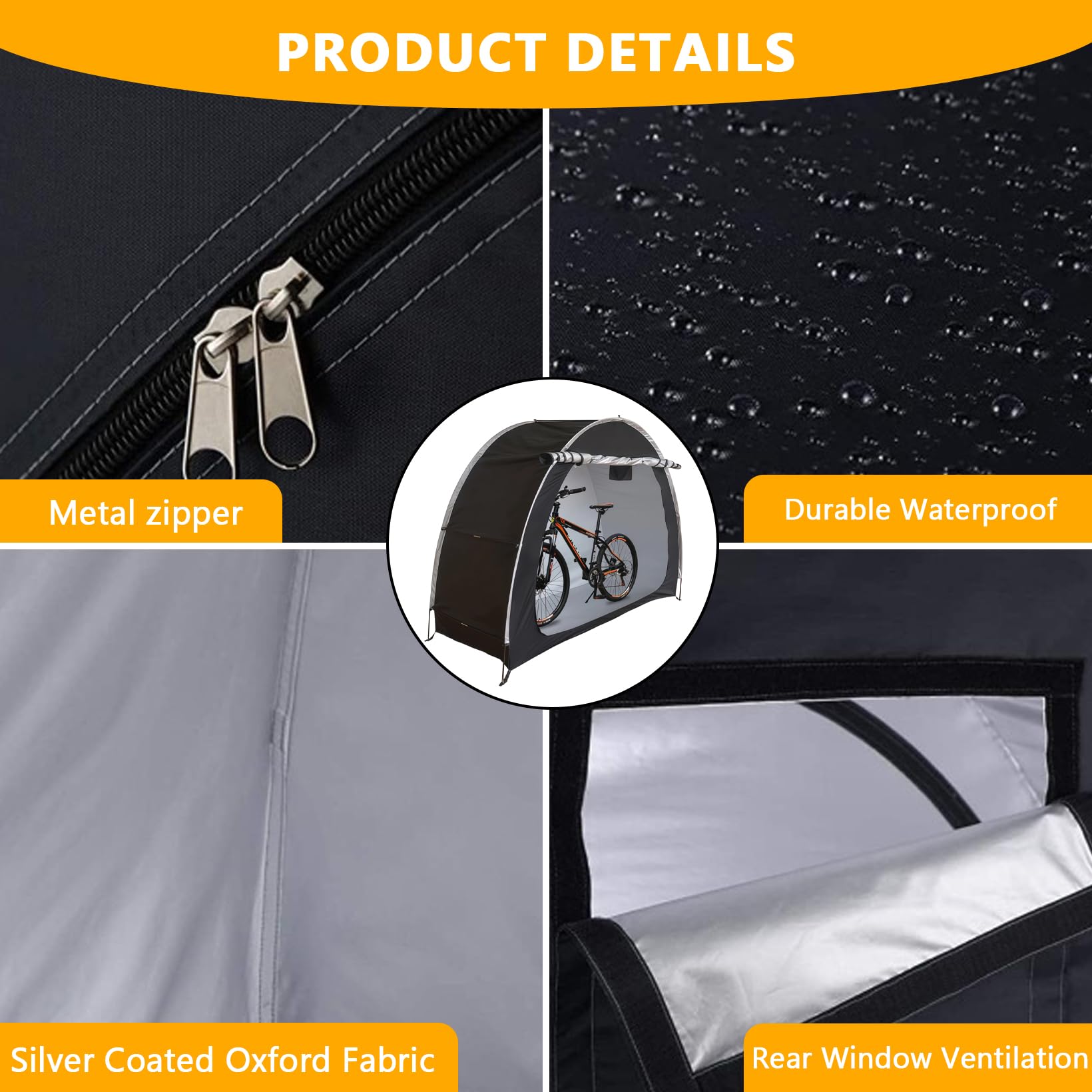 Fahrradlagerzelt für Fahrräder, Fahrradzelt 200 * 88 * 165CM, Außendurchführbares 210D Oxford Wasserdichtes Fahrradcover mit Lüftungsfenster, für Fahrräder, Rasenmäher, Gartengeräte(Schwarze