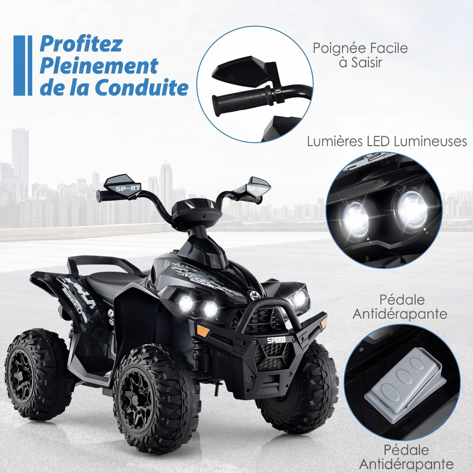 RELAX4LIFE Quad électrique Enfant 12 V, Voiture Électrique Enfants avec 2 Vitesses Réglables 2,2-4,3km/h, Lumières LED, Musique, ATV pour Enfant de 3-8 Ans, Noir (Noir)