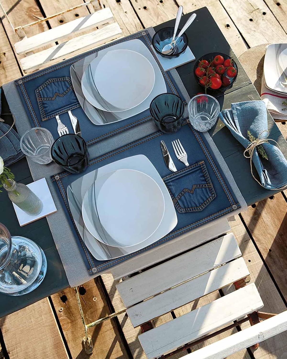 Washable Placemats with Pockets Set of 2 Retro Denim Pattern Cotton Linen Cloth Kitchen Place Mats for Dining Table, Navy Blue Non-Slip Heat Resistant Wipeable Table Mats Kitchen Decor Accessories