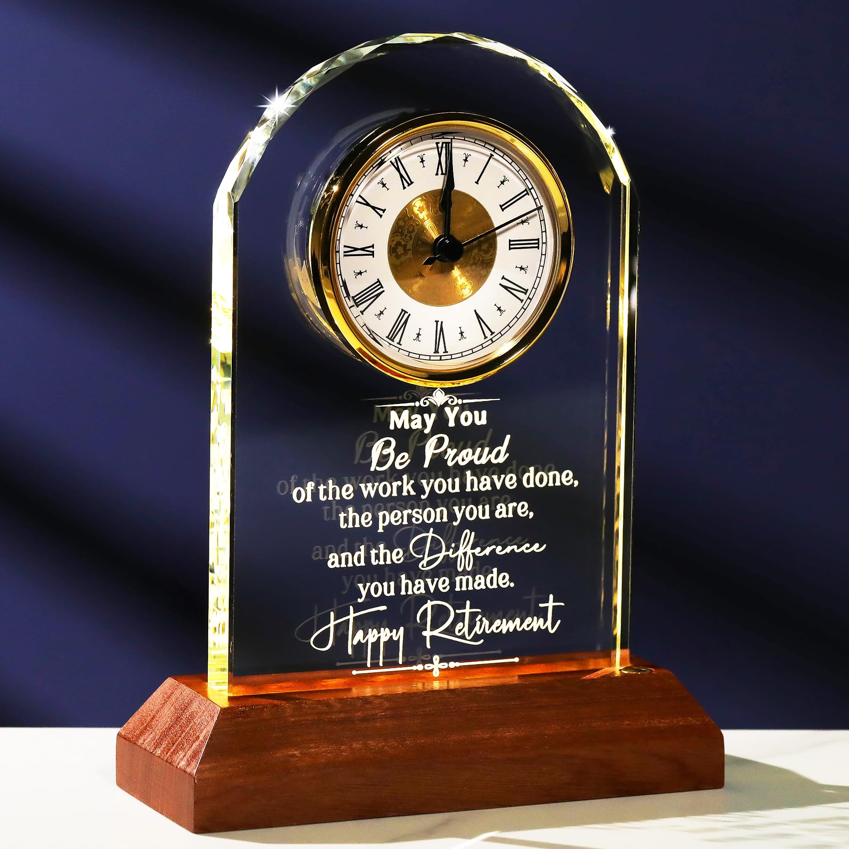 Arikyrist Crystal Desk Clock Retirement Gifts for Women Men Glass Keepsake Quartz Clock with LED Light Happy Retirement Leaving Far-well Retired Presents for Coworkers Colleagues Friends