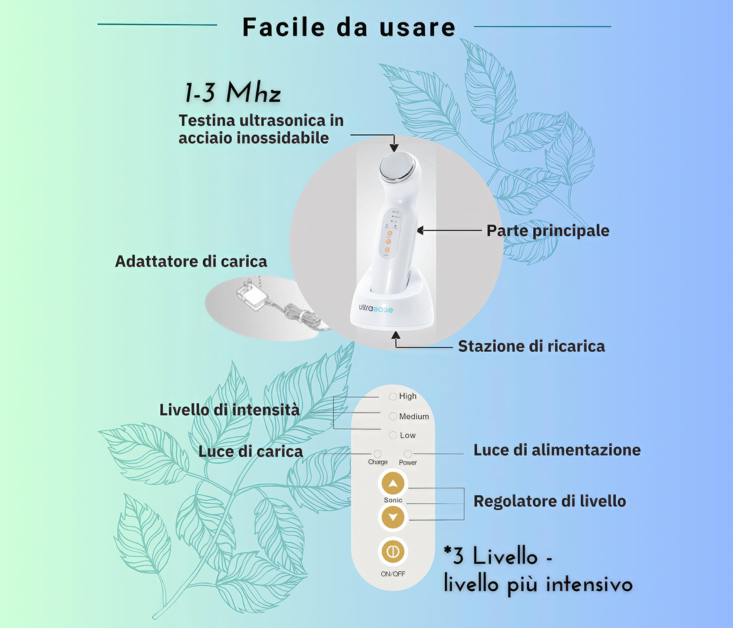 Ultrasuonoterapia 1-3 Mhz con massima potenza | italiano | 3 livelli di intensità | trattamento del dolore | lesioni sportive | trattamenti estetici | uso domestico e professionale