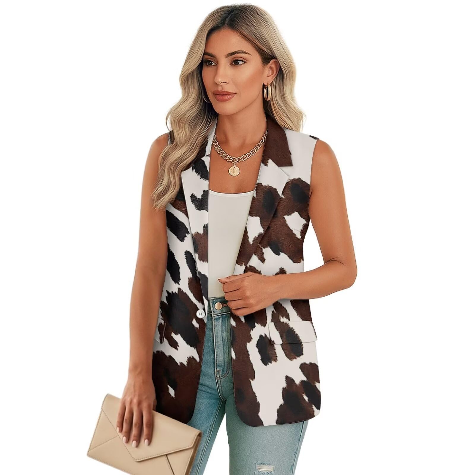 Womens Casual Vest Tops Formal Sleeveless Blazer Suit Lightweight Work Office Outerwear Waistcoat with Pockets