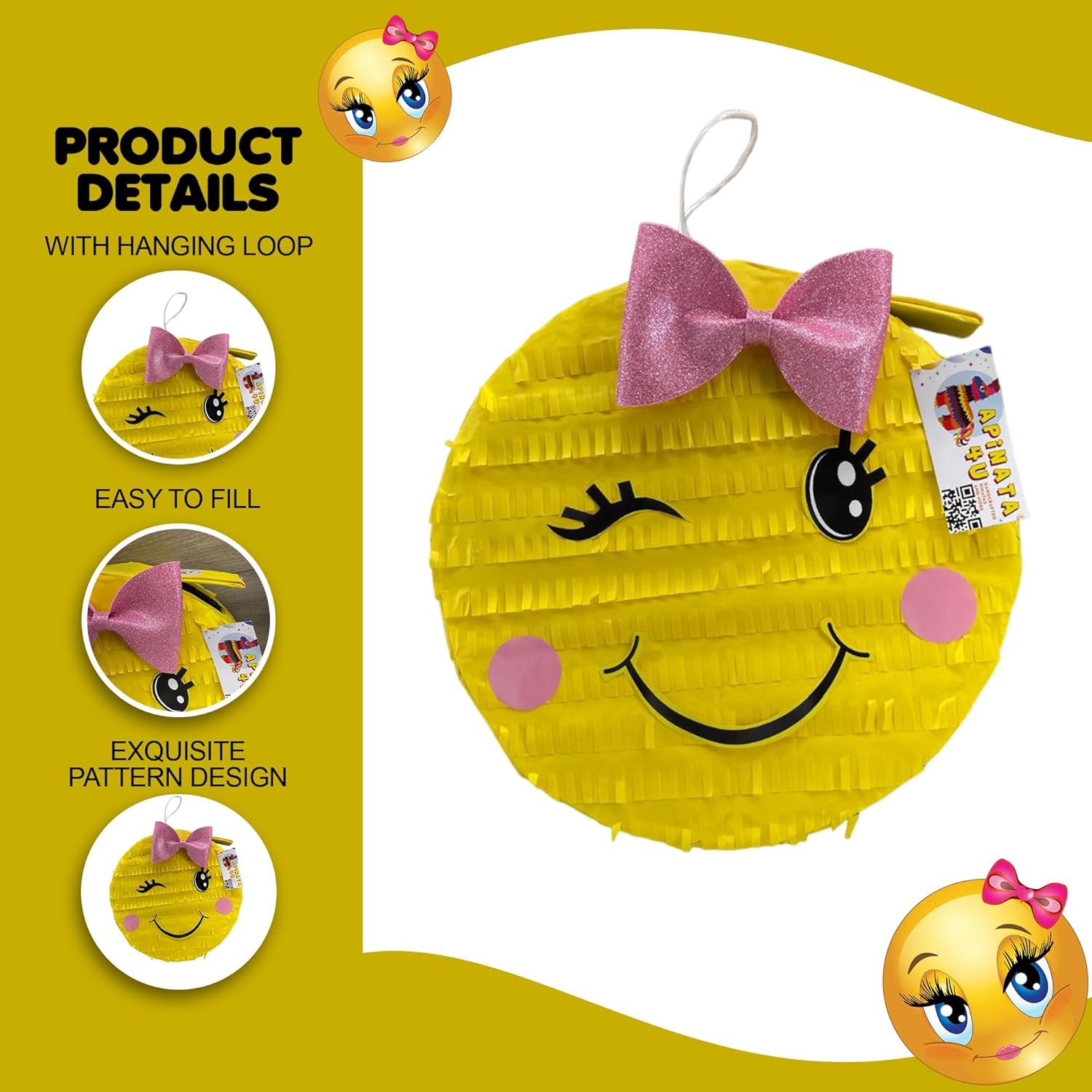 APINATA4U Emoticon Pinata, Yellow Emoji Themed Party hanging with Pink Bow, Teens Kids Birthday Party Decoration, Text Expression Smiley Face Pinata for Kids, 16x16x4 Inches