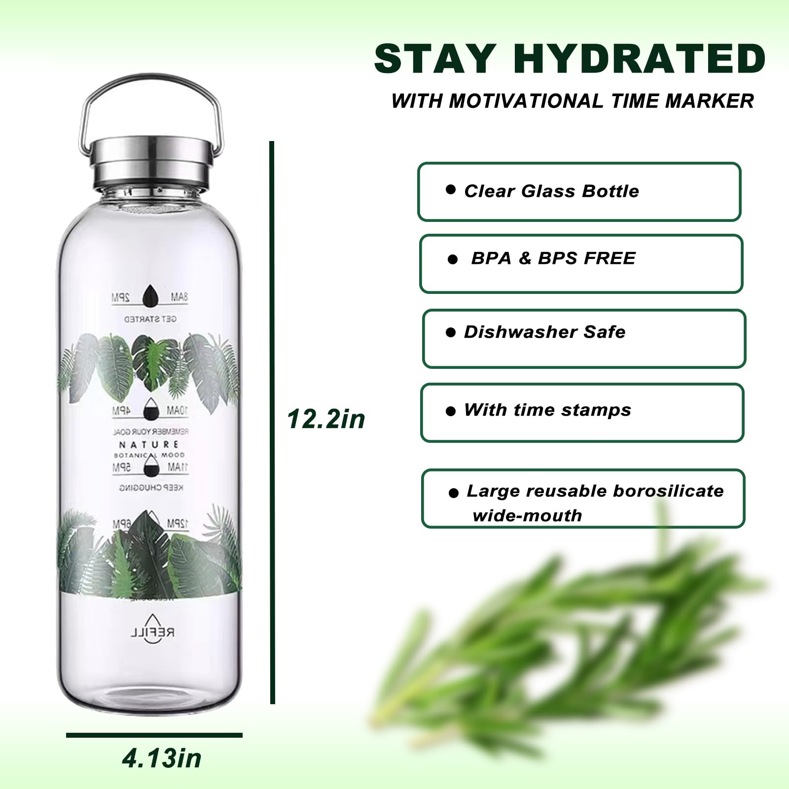 Botella de agua grande de vidrio de 2 litros con marcas motivacionales de ingesta diaria de agua, botella de bebida, botellas de vidrio de boca ancha reutilizables de 64 onzas con funda de asa