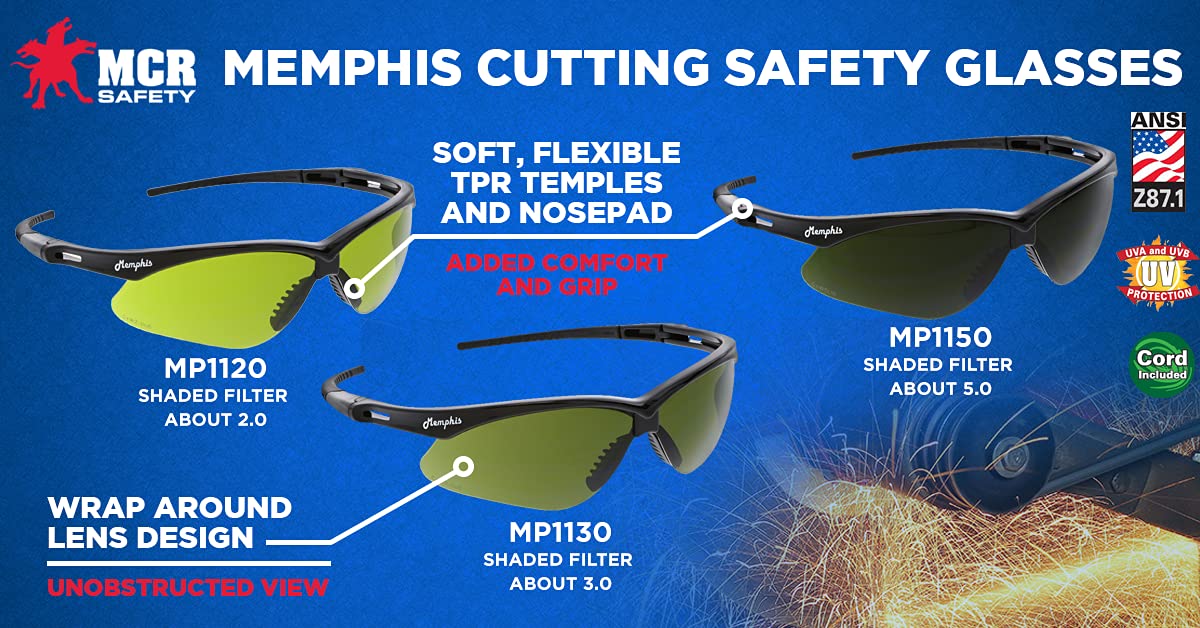 MCR Safety Memphis Series MP1130 - Gafas de seguridad, protección ocular, soldadura, marco negro, lente de filtro verde 3.0