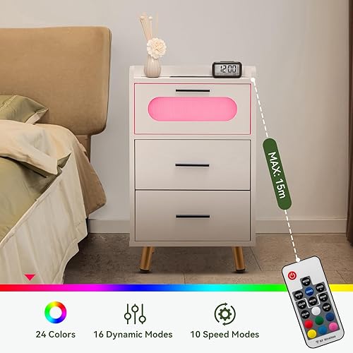 Miniatura 7 de M MOKENEYE Mesita de noche LED con estación de carga, mesita de noche con 3 cajones, mesa auxiliar con puertos y tomas USBC, moderna mesita de noche