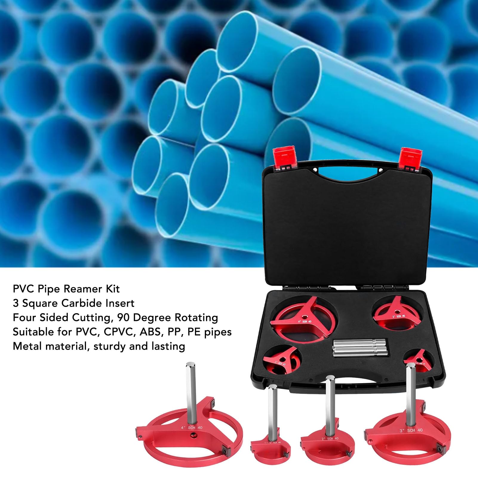 4 PCS PVC Pipe RAMER Kit avec 3 Inserts en Carbure carré, Alésoir à Trois Côtés à Triple carré pour 1-1/2 2 2 4 Pouces SCH40 PVC CPVC ABS Pipe de Tuyau D'économiseur