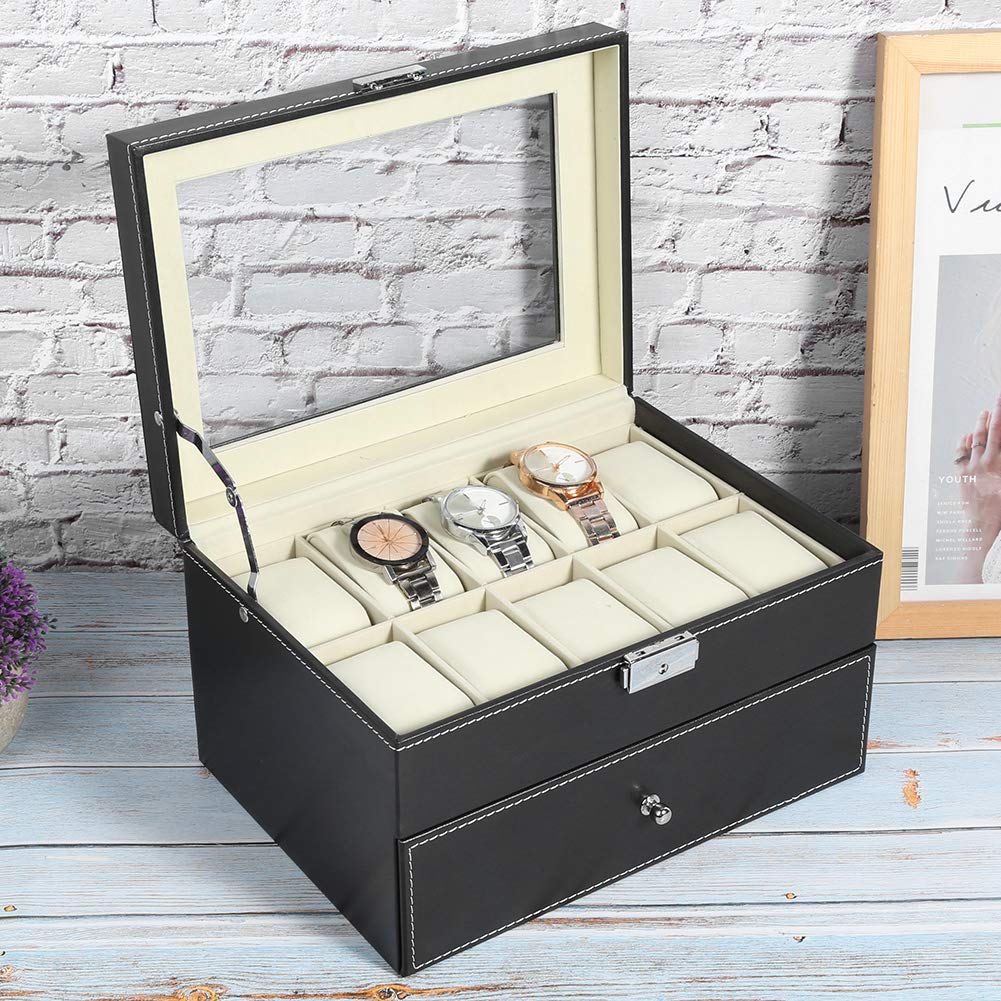 Naroote Double Layer Watch Box Case with 10 Grids for Watches and Glasses,