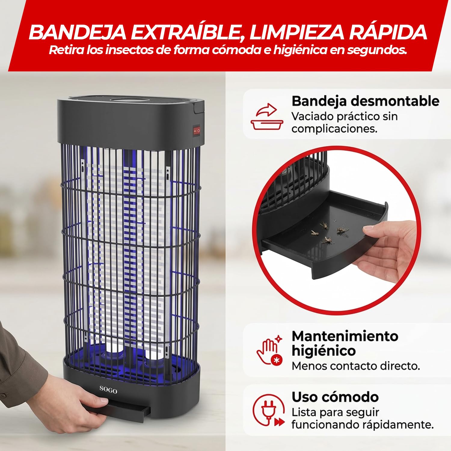 Sogo Lámpara Antimosquitos Eléctrica 2x10 W para hasta 80 m² - Mata Mosquitos Eléctrico sin Químicos ni Olores - Mata Moscas Eléctrico con Luz y Bandeja Extraíble para Interior