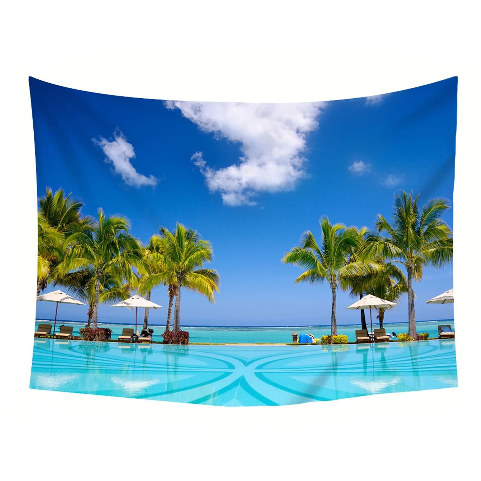 Homxi Tapiz de Sofá 240 W x 220 H CM, Paisaje de Piscina y Silla, Tapices Salon Poliéster, Azul Verde