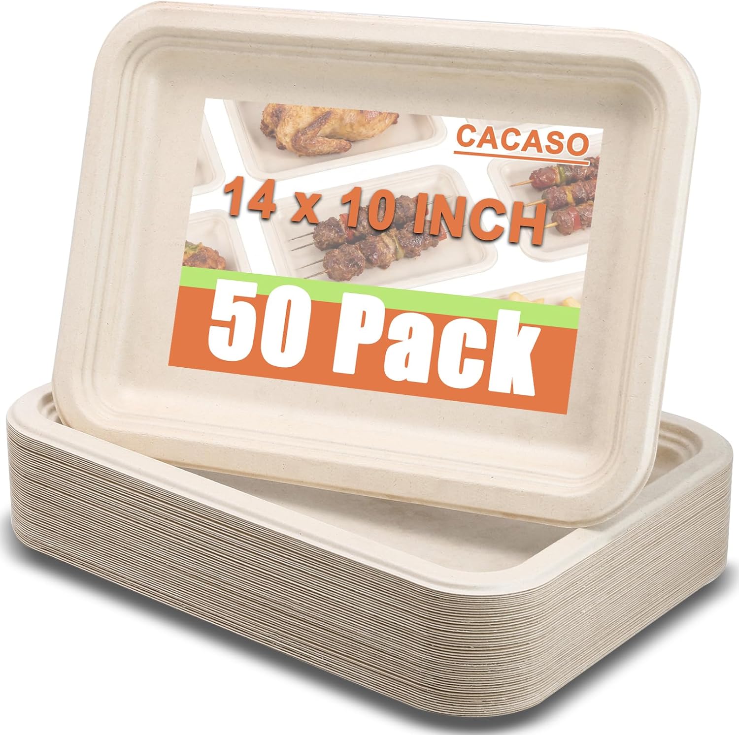 50 Pack 14 inch Large Paper Plates, Disposable Food Trays, Heavy Duty Large Paper Plates, Compostable Sugarcane Platters, Disposable Serving Trays for Picnic, BBQ, Party