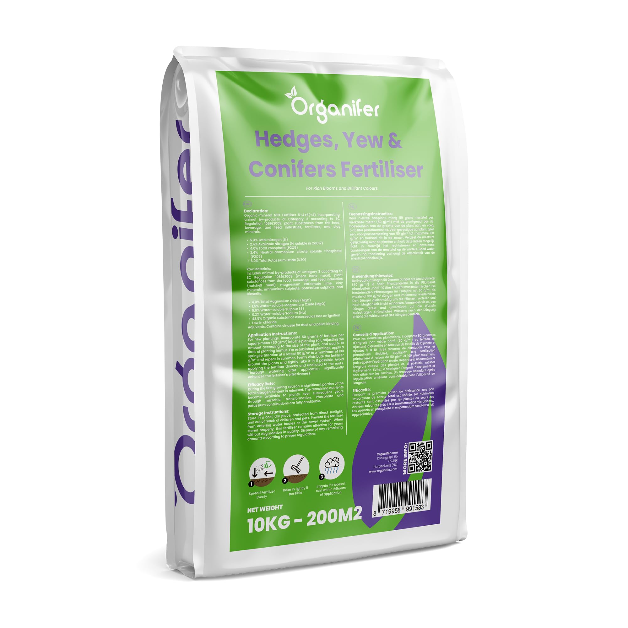 Dünger Für Hecken, Eiben Und Koniferen - All-In-One - 10 Kg Pro 200 M2 - Pellets Für Dichten, Grünen Wuchs, Starke Wurzeln Und Widerstandsfähigkeit - Für Gesunde Hecken - Organifer