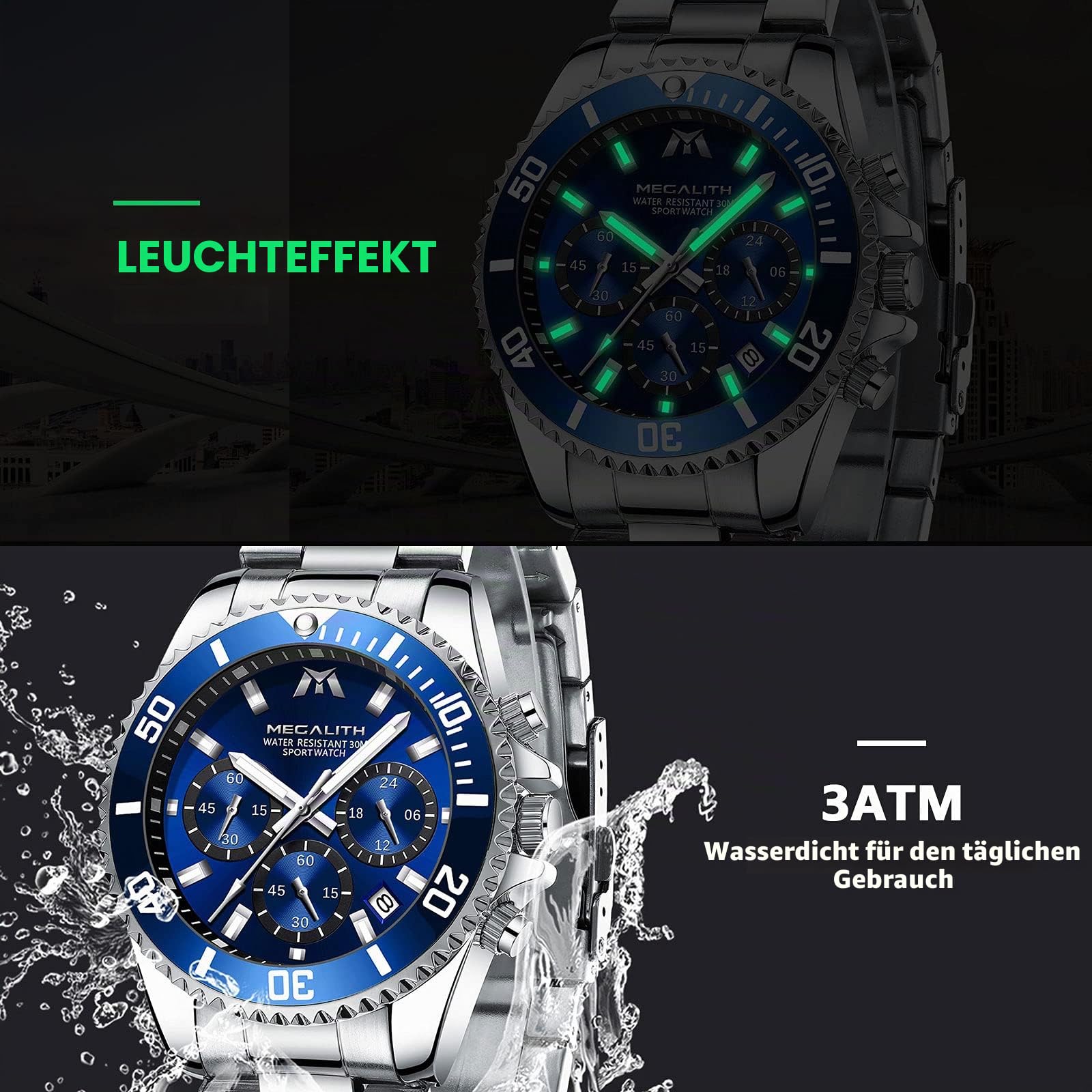 MEGALITH Uhren Herren Chronograph Edelstahl: Armbanduhr Herren Groß mit Datum Leuchtend Wasserdicht - Designer Herrenuhr für Geschäftsleute Alltagskleidung Geschenk
