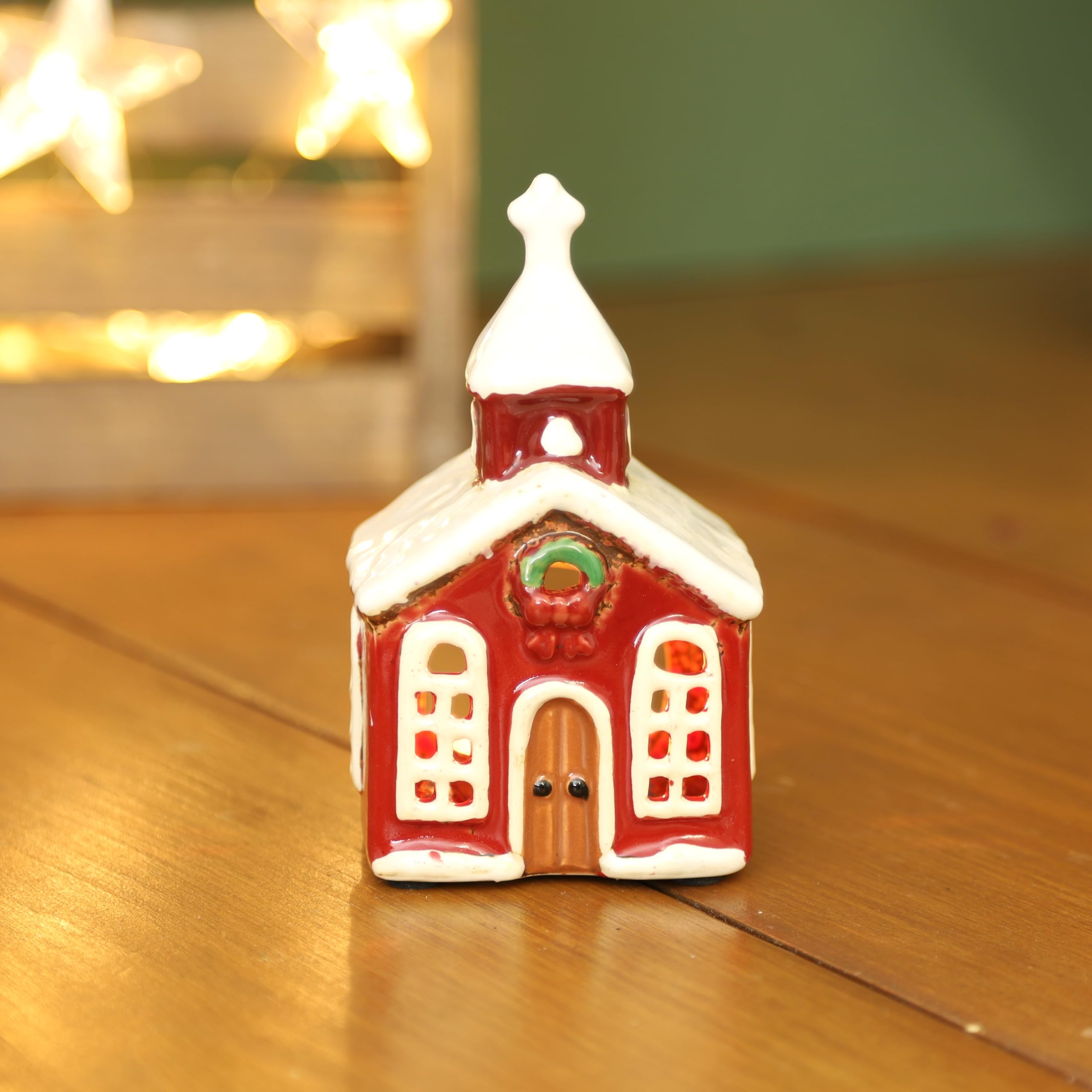 Fyne-Finds Red Ceramic Christmas Church Tealight Holder Cottage Village Pottery Snowy Scene Ornament Xmas