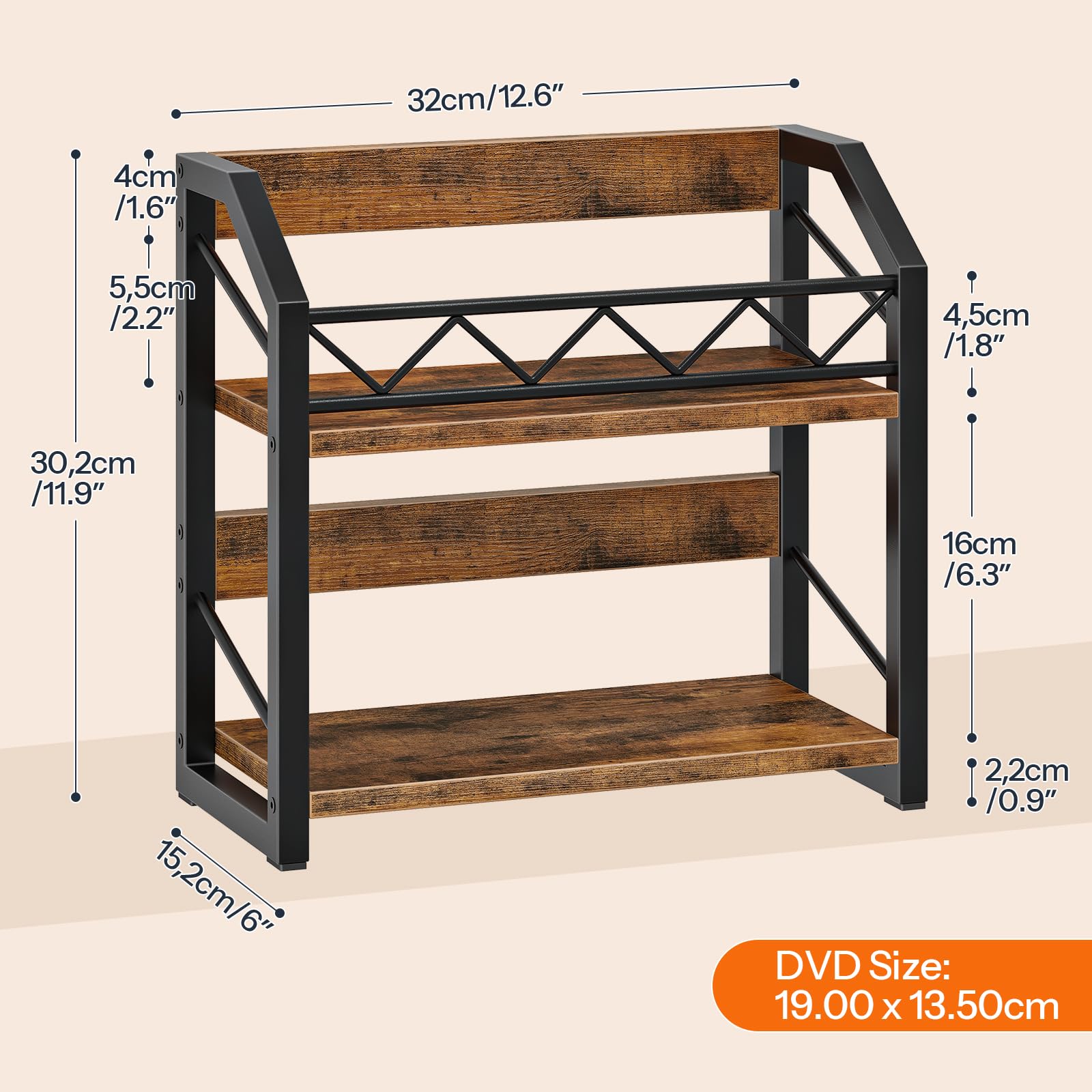 HOOBRO 2-Tier CD Storage, CD Rack with Non-Slip Feet, Holds up to 55 DVDs, CD/DVD Holder, Space-Saving Desktop Organiser, Rustic Brown and Black EBF22CJ01 — view 3