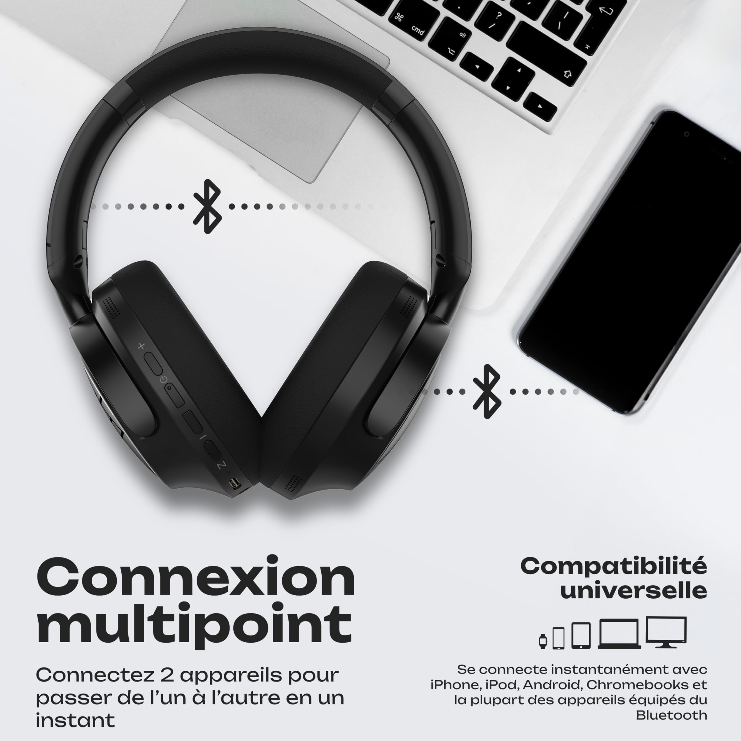 PowerLocus Casque Bluetooth Sans Fil à Réduction de Bruit Hybride, 70H d'Autonomie, Bluetooth 5.4, Basses Profondes, Casque Over-Ear Pliable, Oreillettes Confort et Connexion multipoint pour Voyage/TV
