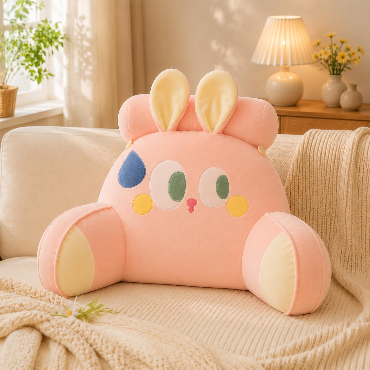 Azmaht Pink Rabbit Cuddle Cushion Reading Pillow In Soft Plush And Pp Cotton, Washable Back Support Cushion, Cosy Support Pillow, Lounger Back Support Pillow For Adult Bedrest,,75X50cm