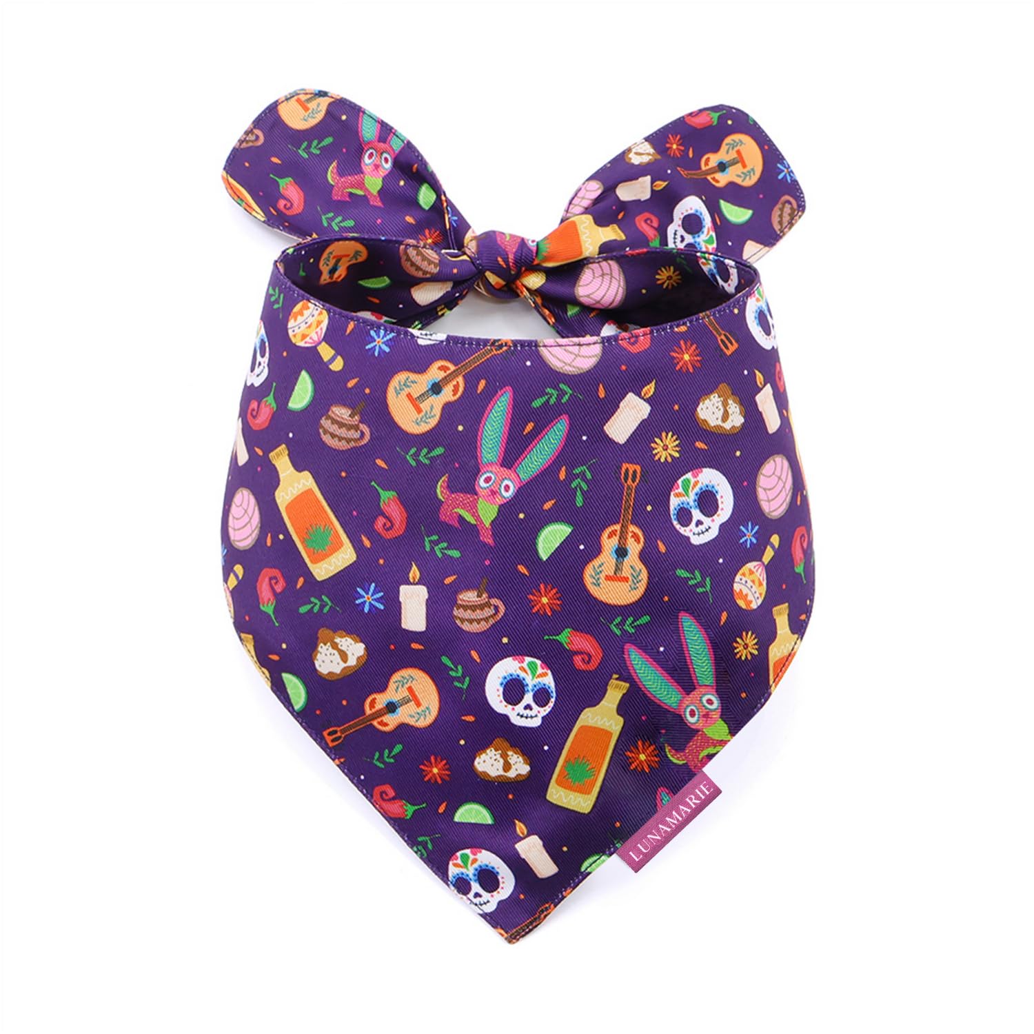 LunaMarie - Luxury Dog Bandanas - Dia De Los Muertos Design | Premium & Silky Poly Fabric | 100% Handmade | Custom Shape Dual Layered Reversible Small, Medium, Large Cat Scarf (Day Of The Dead, Large) โ image 1