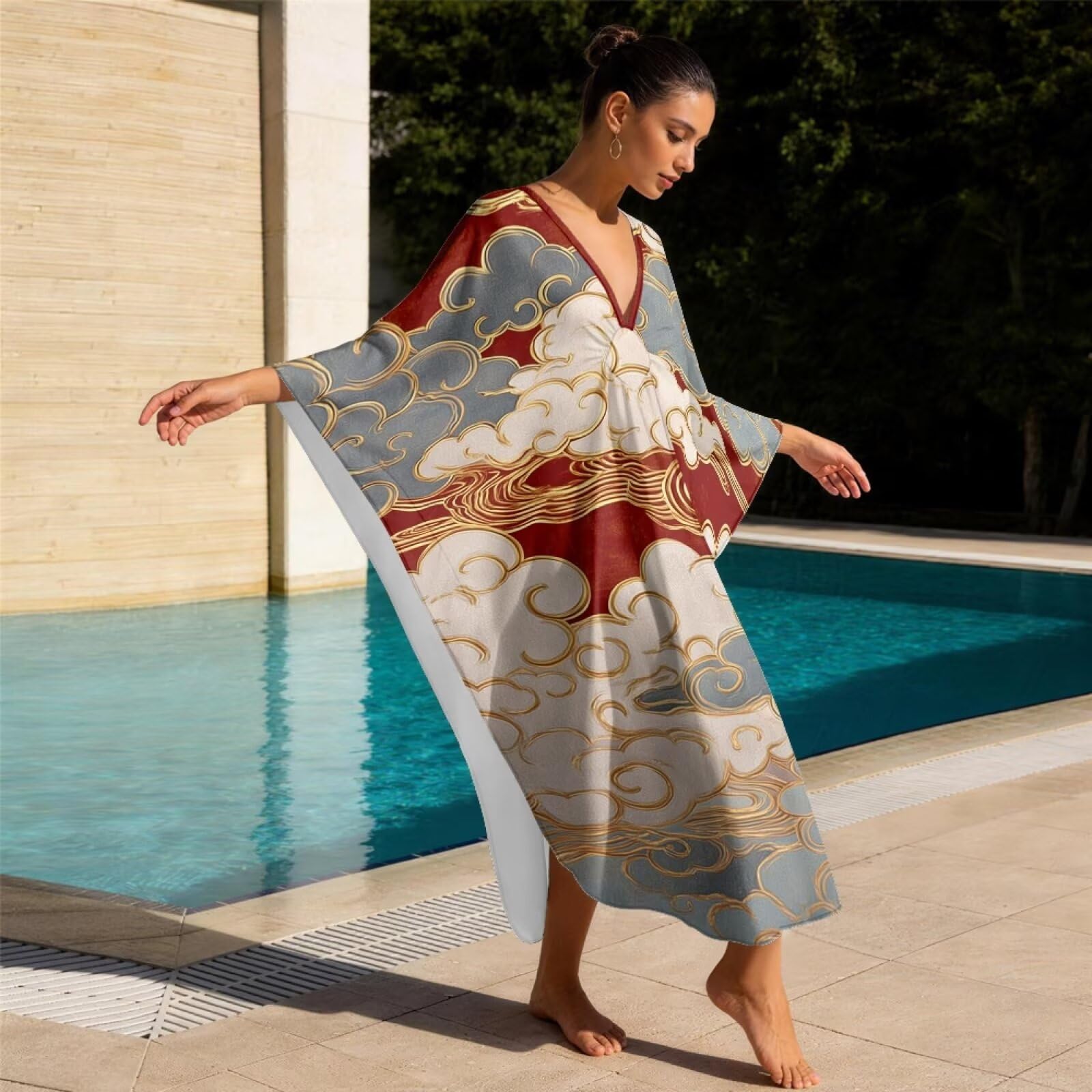 Poceacles Vestito da spiaggia da donna, caftano, abito da spiaggia, copricostume da bagno, estetico asiatico, orientale, grafico