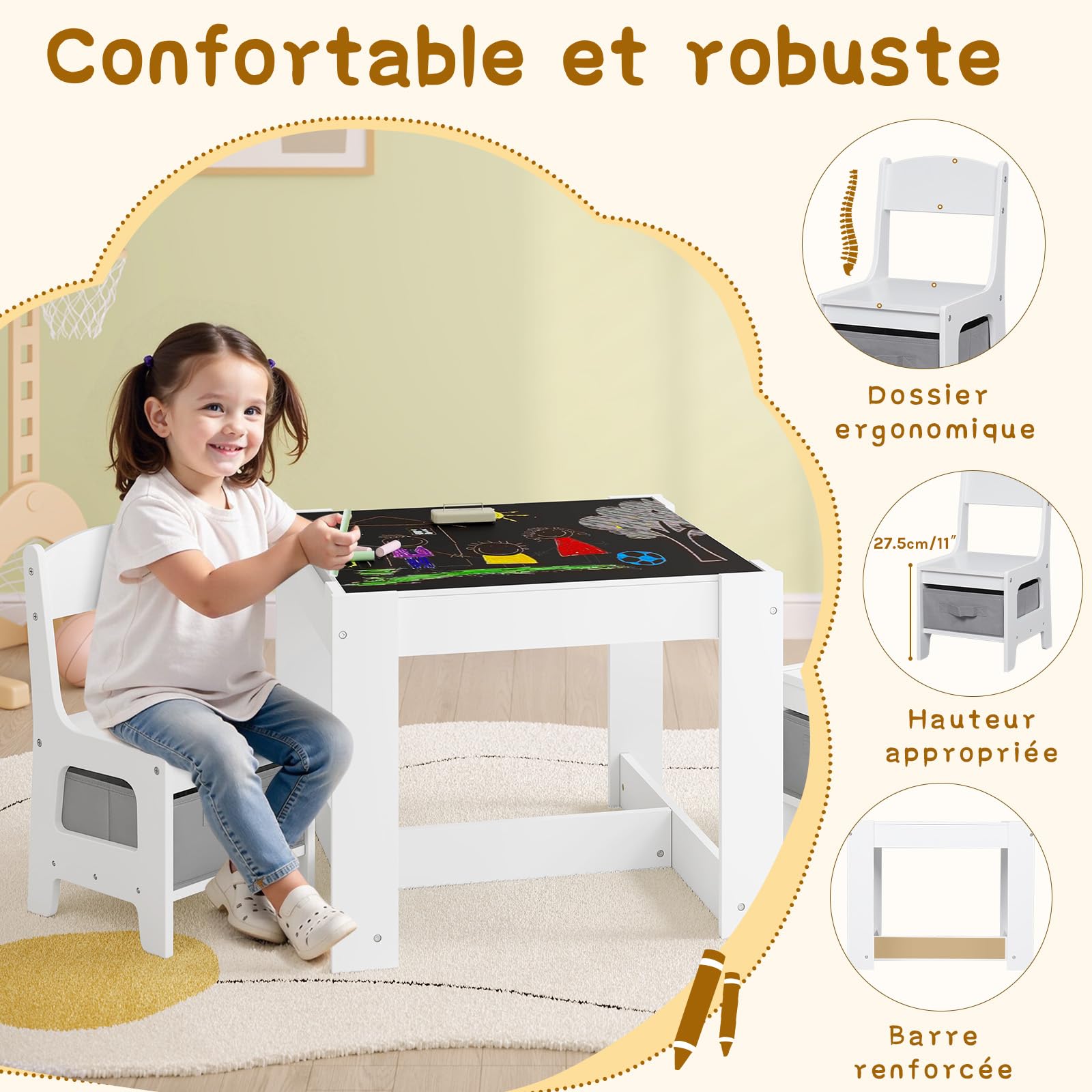 Lestarain 3 en 1 Table pour Enfants et 2 Chaises avec Tiroir de Rangement, Ensemble de Meuble Table d'activité avec Tableau Noir et Un Rouleau de Papier Amovible à Dessiner, Blanc