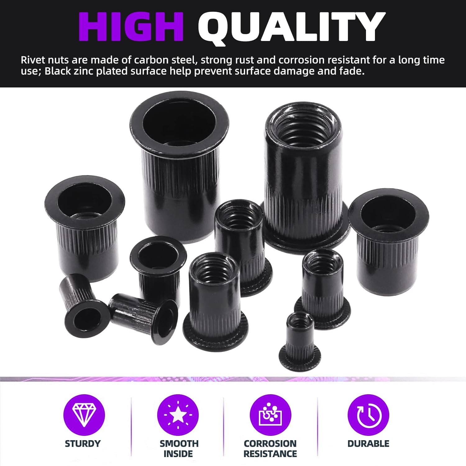 Swpeet 180Pcs 7 Sizes Rivet Nuts Kit, UNC 5/32"-32#8-32" #10-24" 1/4"-20 5/16"-18 3/8"-16 1/2"-13 Rivet Nut, Black Zinc Plated Carbon Steel Rivet Nut Inserts Kit, Flat Head Threaded Insert Nut Assort