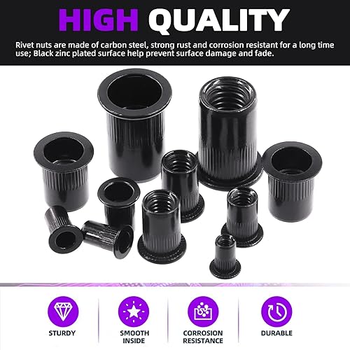 Miniatura 10 de Swpeet Kit de 100 tuercas remachables de acero al carbono, kit de tuercas remachables métricas M4, kit de tuercas remachables de acero al carbono