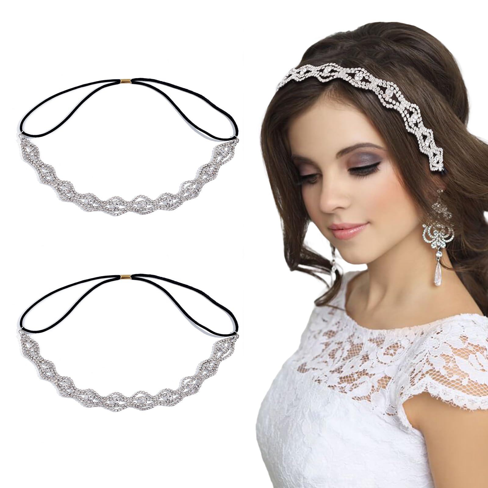 NICENEEDED 2 diadema Elástica con Diamantes de Imitación., Diadema Elástica de Cristal, Tiara de Tocado para la Frente En Capas Plateadas con Cadena de Cabeza Ondulada Brillante