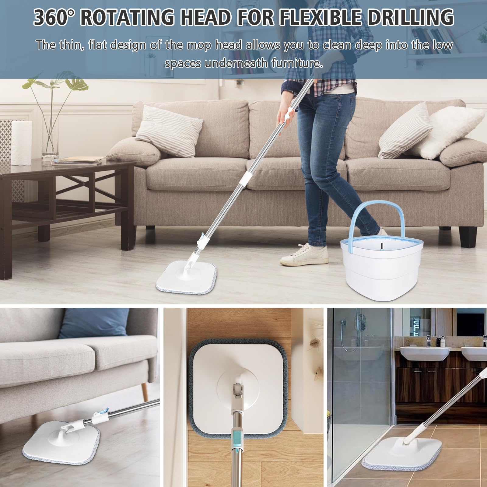 Set Mocio Lavapavimenti con Secchio Lavapavimenti a 2 Camere, Mocio Piatto con Separazione Acqua Sporca/Pulita, Mocio Rotante a 360° per Tutti i Pavimenti, Include Panno in Microfibra
