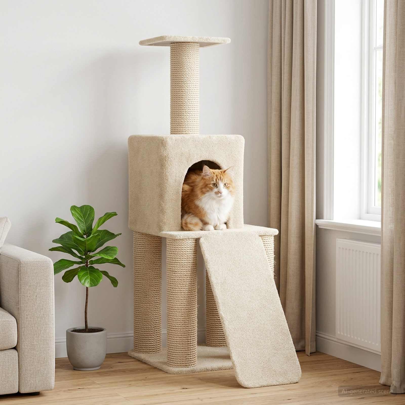 Kratzbaum groß mit Sisal-Kratzsäulen & Katzenhöhle, Kletterbaum 146 cm hoch aus Holz und Plüsch, Stabiler Katzenbaum Kletterturm für Katzen, Creme
