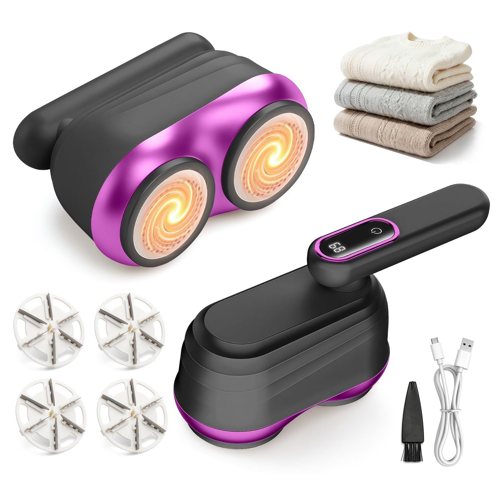 RoserRose Fusselrasierer Elektrisch Doppelkopf mit Klappbarem Griff –Fusselrasierer Kleidung mit LED-Akku-Anzeige – Pilling mit 4 Stück 24 Klingen – Fabric Shaver für Alle Stoffe - Black