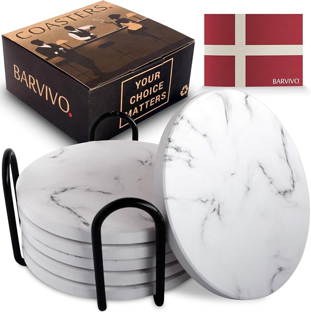 BARVIVO Marble Look Ceramic Coasters for Drinks Absorbent with Holder Set of 6 - Absorbing Condensation Immediately - Ideal Drink Coasters for Wooden Table Protection with Scratch Preventing Cork Base