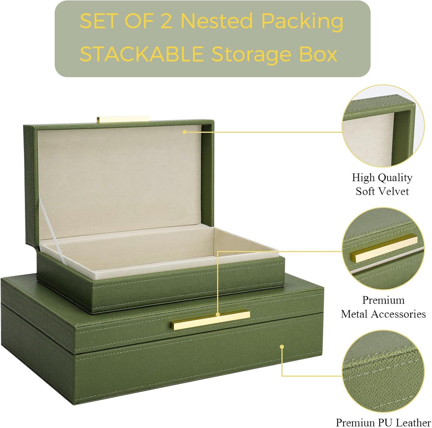 Decorative Storage Boxes with Lids, Set of 2 PU Leather Memory Box for Keepsakes, Beautiful Large Decorative Box for Home Decor – Safely Store Jewelry, Documents & Photos (Sage)