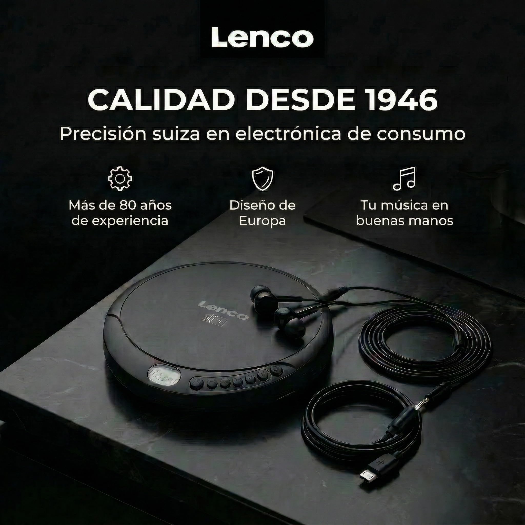Lenco CD-010 - Reproductor de CD portátil Walkman - Diskman - CD Walkman - Con auriculares y cable de carga micro USB - Negro [Clase A de eficiencia energética]
