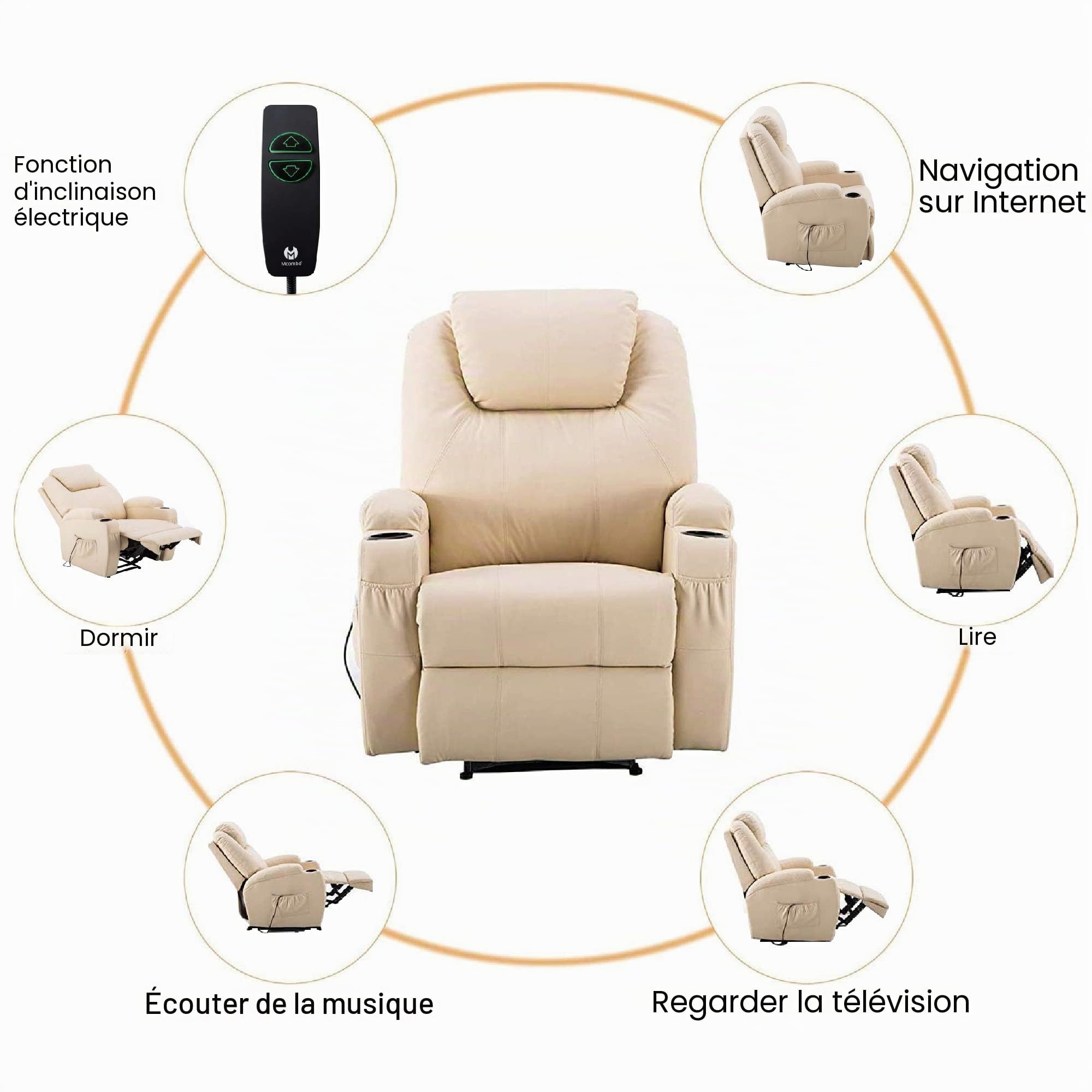 M MCombo Fauteuil Relax électrique Fauteuil de Massage Fauteuil TV Fonction inclinable Vibration Chauffage 7061 Nouveau modèle (Similicuir crème)