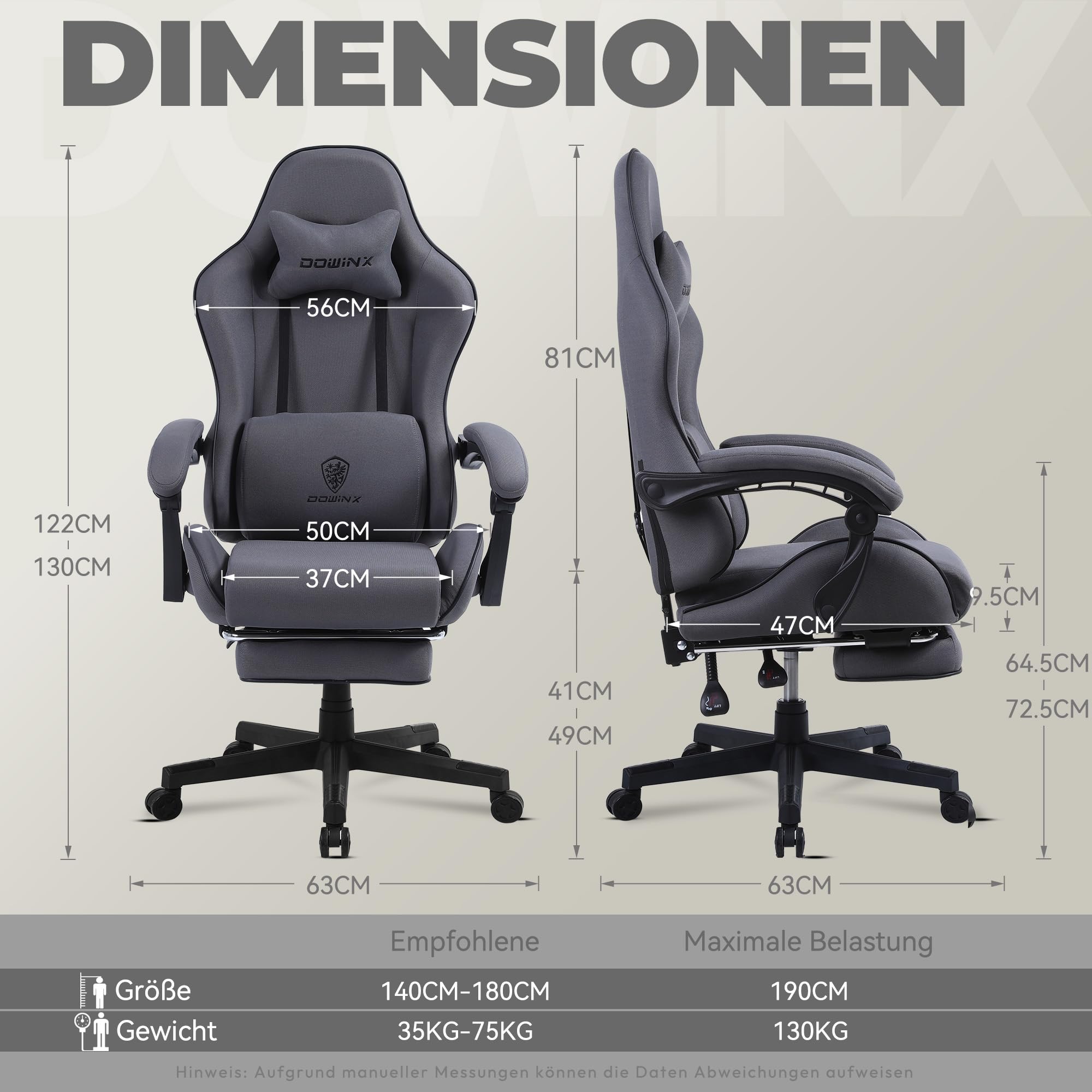 Dowinx Gaming Stuhl Tasche Frühling Kissen, Atmungsaktiver Bürostuhl aus Hochwertigem Stoff, Ergonomischer PC-Stuhl mit Kopfstütze, Drehbarer Schreibtischstuhl mit Fußstütze,Dunkelgrau