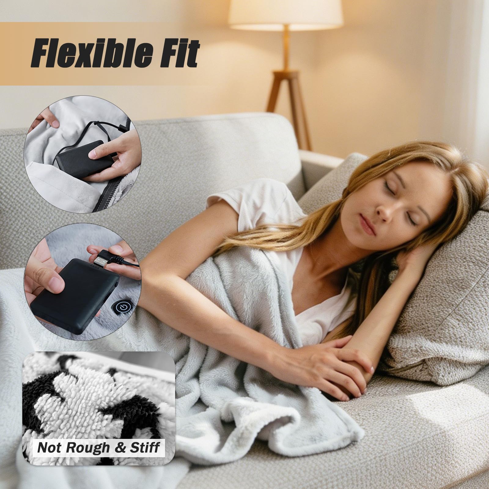 Coperta Elettrica, 160x90 cm, 3 Temperature, Wireless, Soffice | Tessuto morbido, 3 temp 45-65°C, USB ric., ant-surrisc., lavabile, per casa