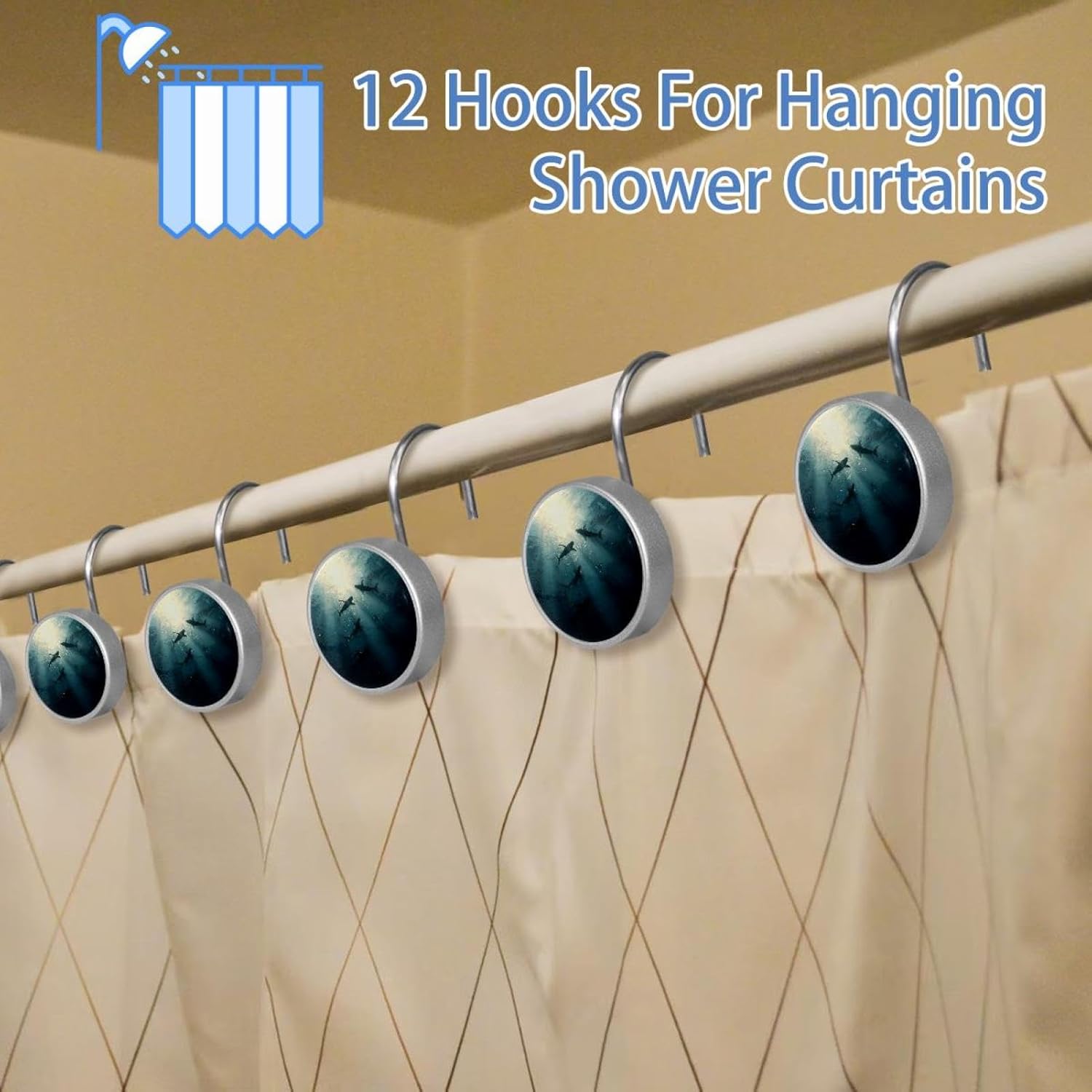 12PCS Sharks Sea Ocean (3) Shower Curtain Hooks Metal Rust Resistant Decorative Shower Curtain Hooks Bathroom Decorations