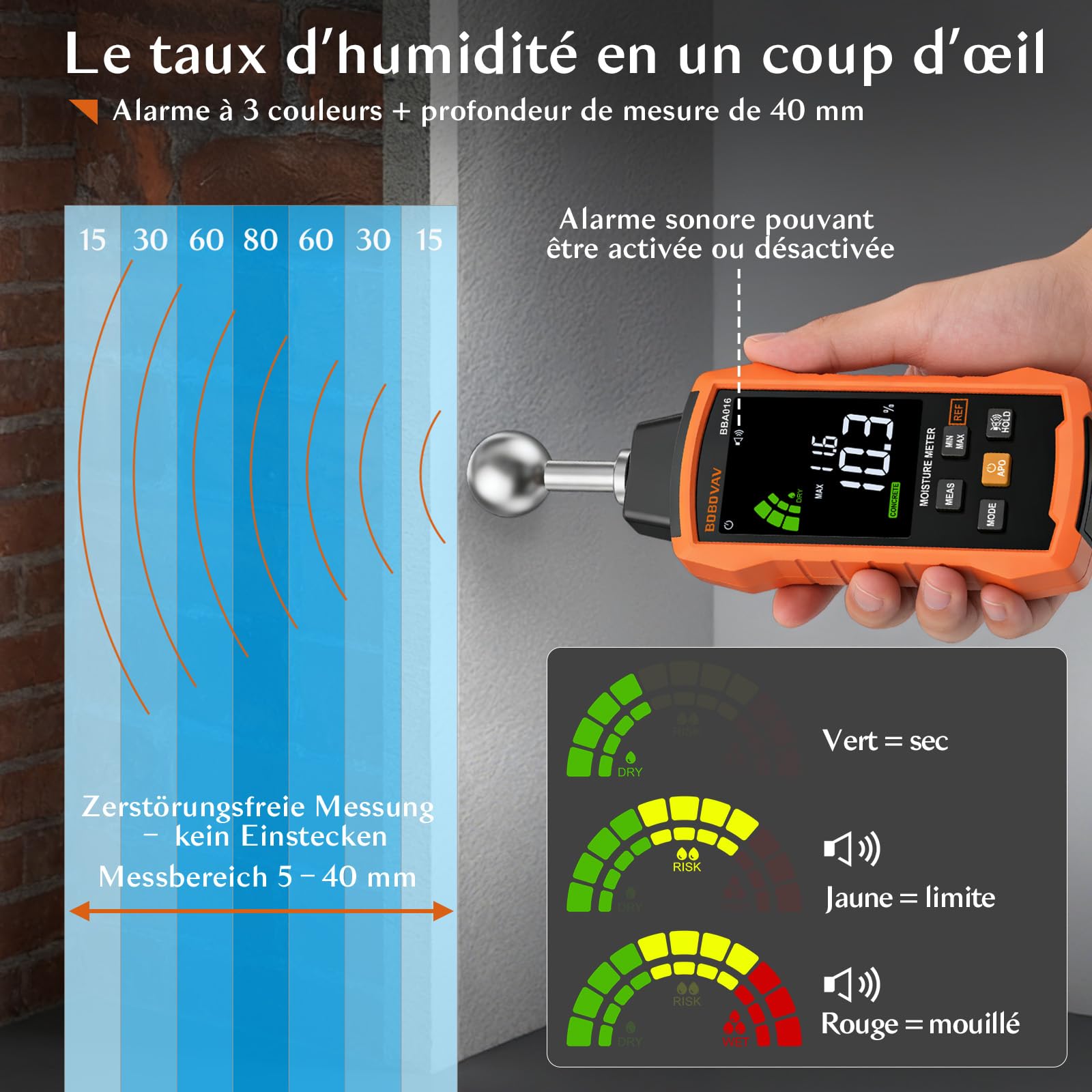 Testeur Humidité BOBOVAV Humidimètre Mural Avec Capteur Sphérique Non-destructif Détection De 5 À 40 Mm 5 Modes Avec Alarme Sonore, Fonction REF Pour Tous Matériaux Murs Bois