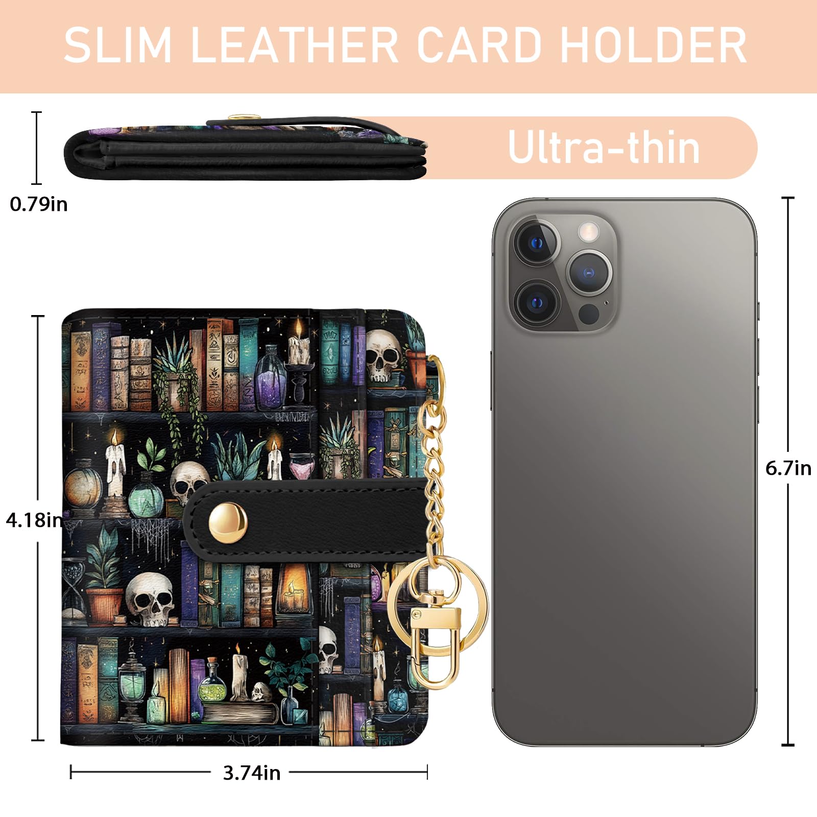 Jogjam Rfid Ladies Wallet, Small Slim Thin Compact Credit Card Women Wallet, PU Leather Bifold Cash Zipper Coin Pocket ID Window for Female: Bookshelf and Skull
