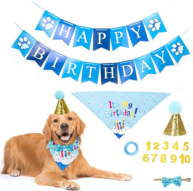 Nobleza Dog Birthday Bandana Set, Cute Dog Birthday Party Hat, Bow Tie Scarf, Triangle Scarf and Banner, Great Puppy Dog Birthday Outfit, Gift and Party Accessories