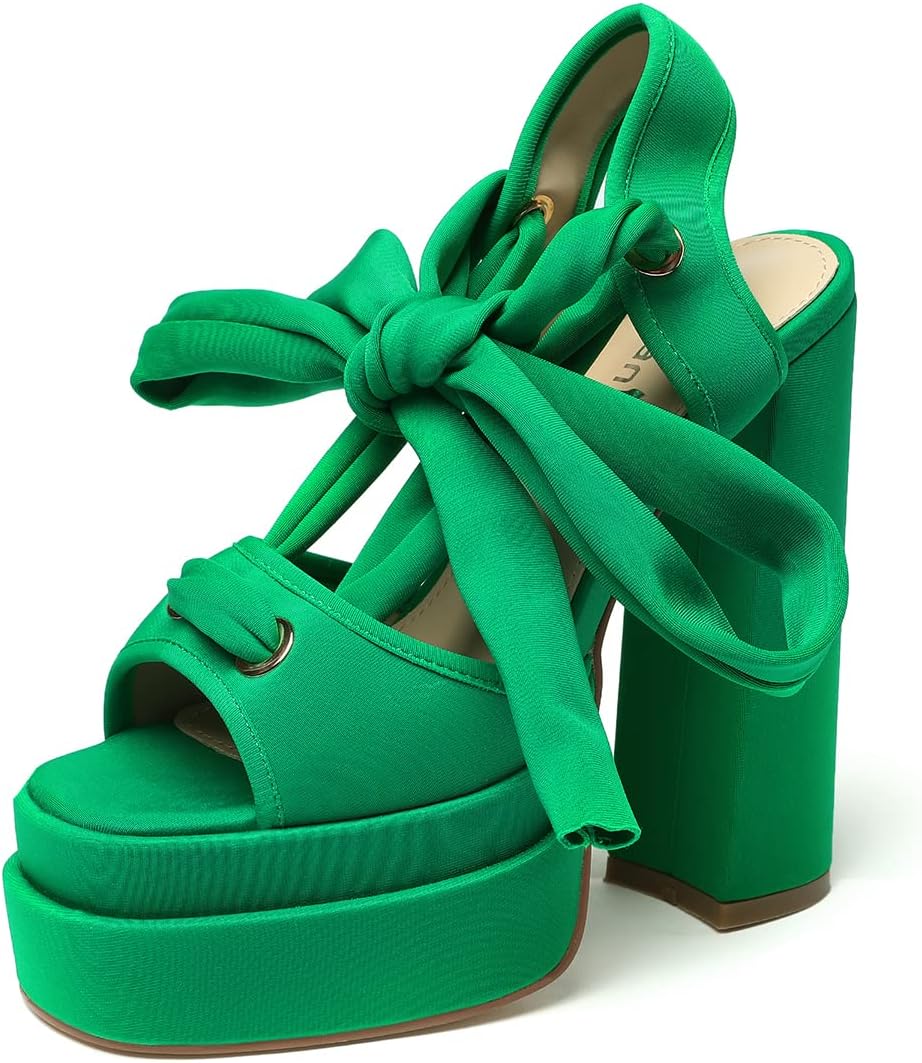 vivianly Lace Up Platform Ankle Strap Heeled Sandals Satin Square Toe Chunky Block High Heels for Women - Image 4