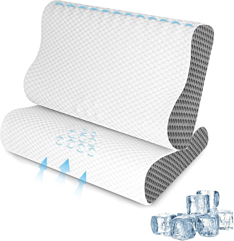 Cooling Pillows Queen Size Set of 2, Memory Foam Bed Pillows for Sleeping, Ergonomic Cervical Pillow for Neck and Shoulder Pain Relief, with Pillowcase（Grey）