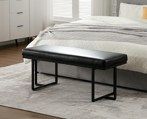 Miniatura 6 de Guyou Banco otomano moderno de cuero sintético de 45 pulgadas con patas de metal negro, banco tapizado de poliuretano negro para el extremo de la