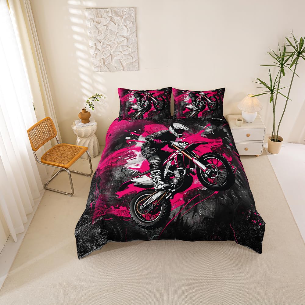 Homemissing Kids Super King Dirt Bike Duvet Cover Extreme Sports Comforter Cover Motocross Bedding Set for Teens Toddler Motorbike Bedspread Cover Breathable Bedclothes Zipper (No Comforter)
