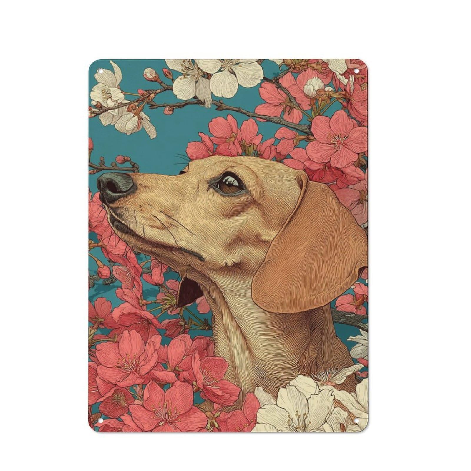 Junmoney Dachshund In Blossoms Retro Metal Wall Sign 40X30cm With For Bar Or Restaurant, Gift Idea For A New Home And Metal Sign Collection