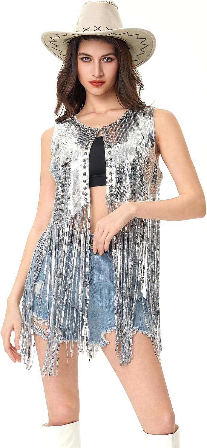 MISI CHAO Sequin Fringe Vest - Sparkly Tassels Jacket Rivet Sleeveless Open Front Tops Glitter Party Cowgirl Concert Outfits - Image 3