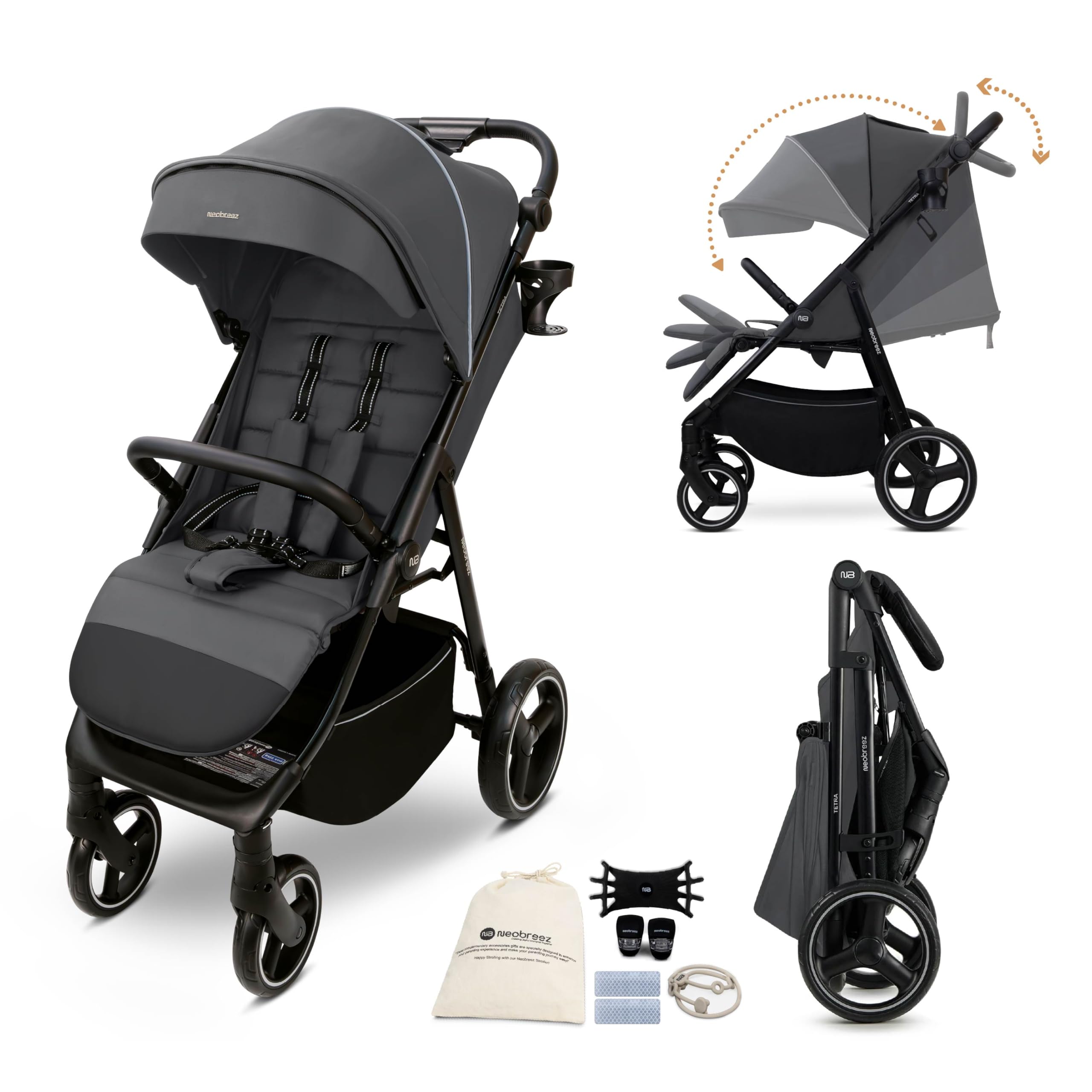 Neobreez Tetra Ultra-Compact All-Terrain Baby Toddler Stroller, Pushchair,One Hand Fold Deep&Wide Seat,UV&Waterproof Canopy,Gift Bag,Phone&Cup Holder,Toy Strap,LED Lights,0-4yrs,22kg,3yrs Warranty-image-29
