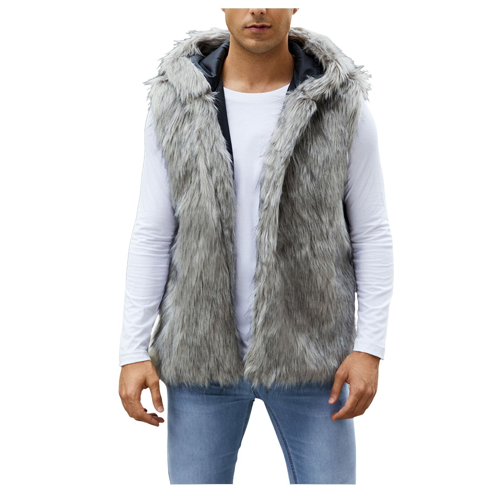 [CUANCYL] ファーベスト メンズ 毛皮ベスト フード付き フェイクファー ベスト 冬 カジュアル 毛皮コート ファーコート 防寒 暖かい 大きいサイズ 上着 アウター おしゃれ ファージャケット 秋冬 厚手 モコモコ かっこいい ゆったり カーディガン